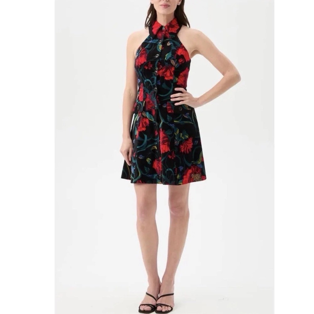 Trina Turk Velvet Halter Floral Dress Red Green Black Size 12 NWT $398